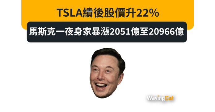 TSLA績後股價升22% 馬斯克一夜身家暴漲2051億至20966億