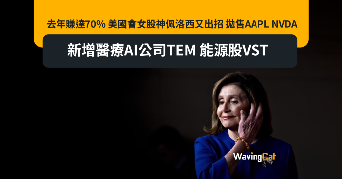 去年賺達70% 美國會女股神佩洛西又出招 拋售AAPL NVDA 新增醫療AI公司TEM 能源股VST